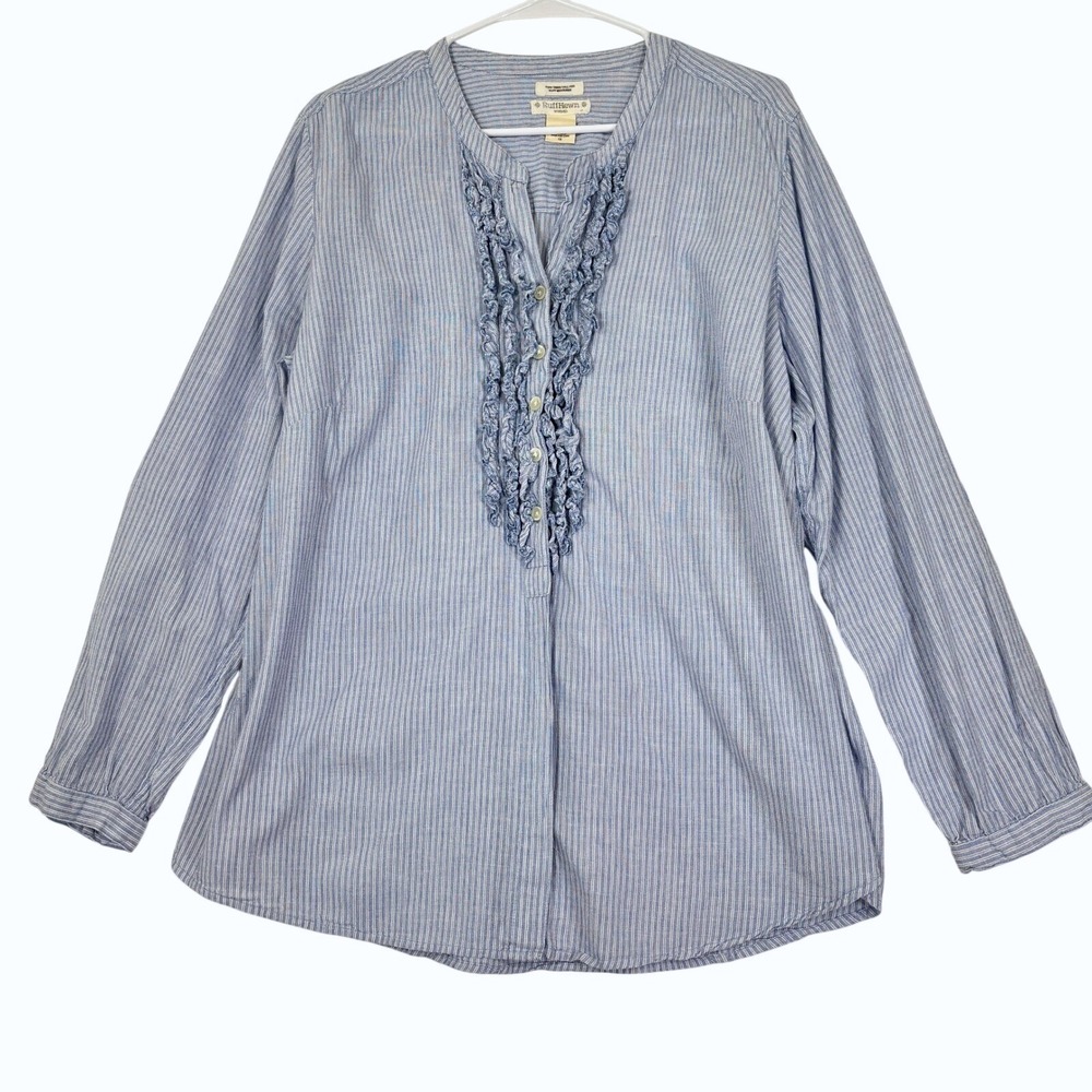 Ruff Hewn Woman Blouse Womens 1X Plus Striped Cotton Ruffle Henley